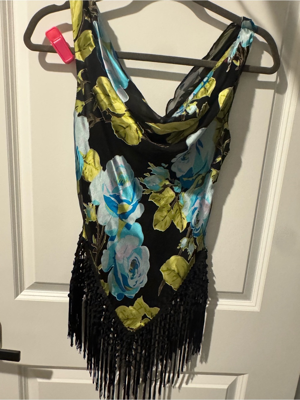 Cache Black Floral Cowl Neck Fringe Dress with Blue and Green Roses